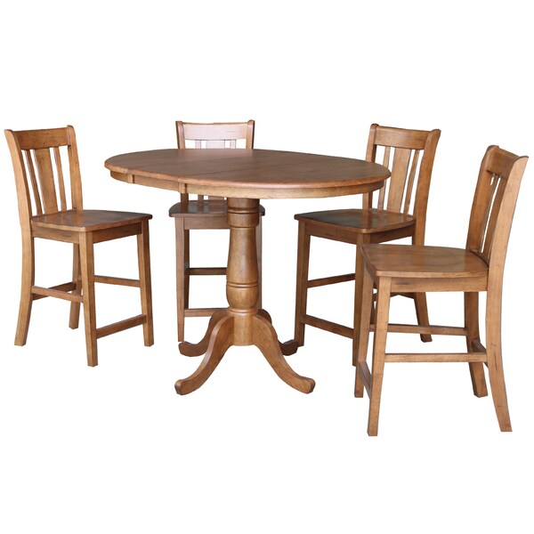 International Concepts Round 36 in Rd Extension Dining Table, 4 San Remo Stools, Distressed Oak, 36 in W, 48 in L, Wood K42-36RXT-6B-S102-4 - main
